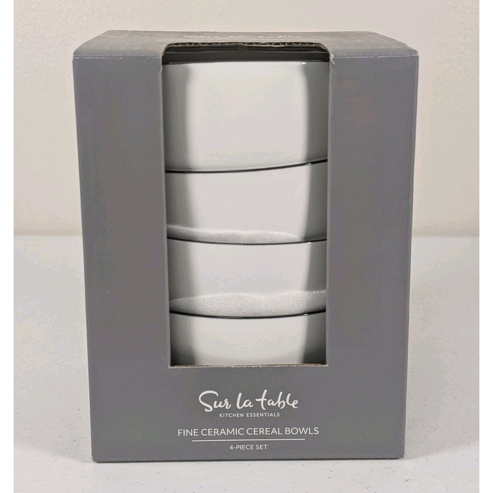 Sur La Table Fine Ceramic Cereal Bowls 4-Pack 5.75"  White With Black Rim